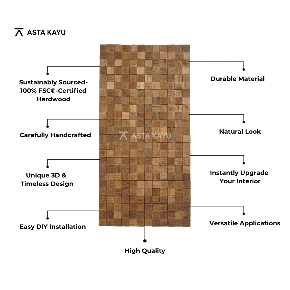 Panneaux muraux en bois 3D Bromo – Revêtement mural en mosaïque de cubes Meranti FSC® – Décoration murale en bois naturel marron – 8 panneaux (1,04 m²) – 360 × 360 mm