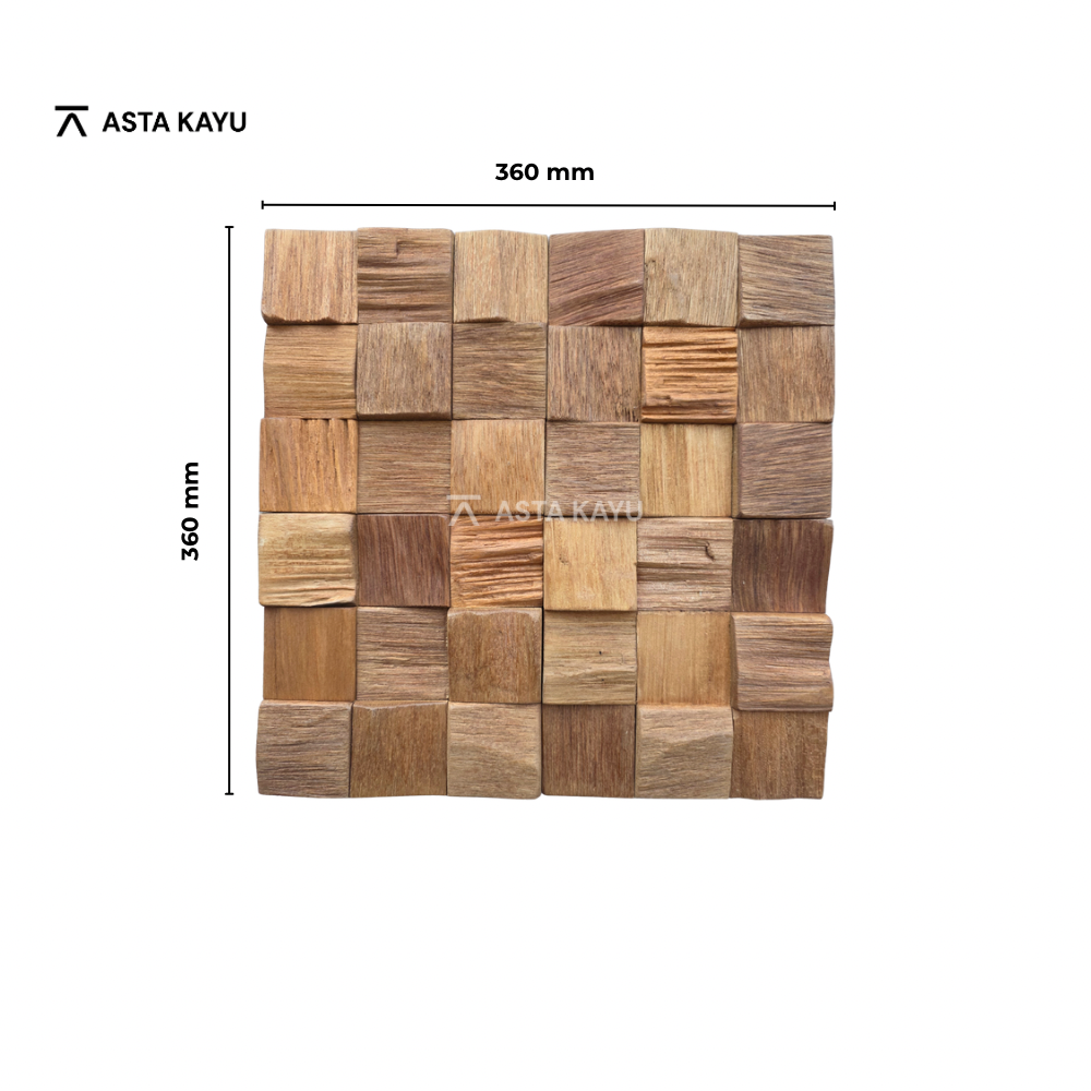 Panneaux muraux en bois 3D Bromo – Revêtement mural en mosaïque de cubes Meranti FSC® – Décoration murale en bois naturel marron – 8 panneaux (1,04 m²) – 360 × 360 mm