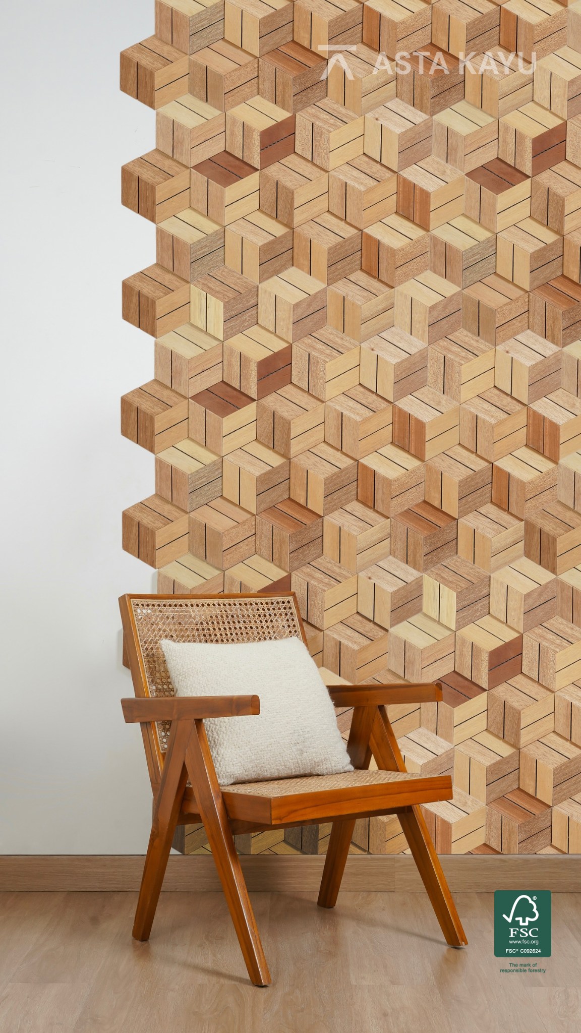 Hexa Kayu 3D-Holzwandpaneele – FSC® Meranti-Sechseck-Wandverkleidung – Naturholz-Wanddekoration – 18 Paneele (0,5 m²) – 180 × 207,8 mm