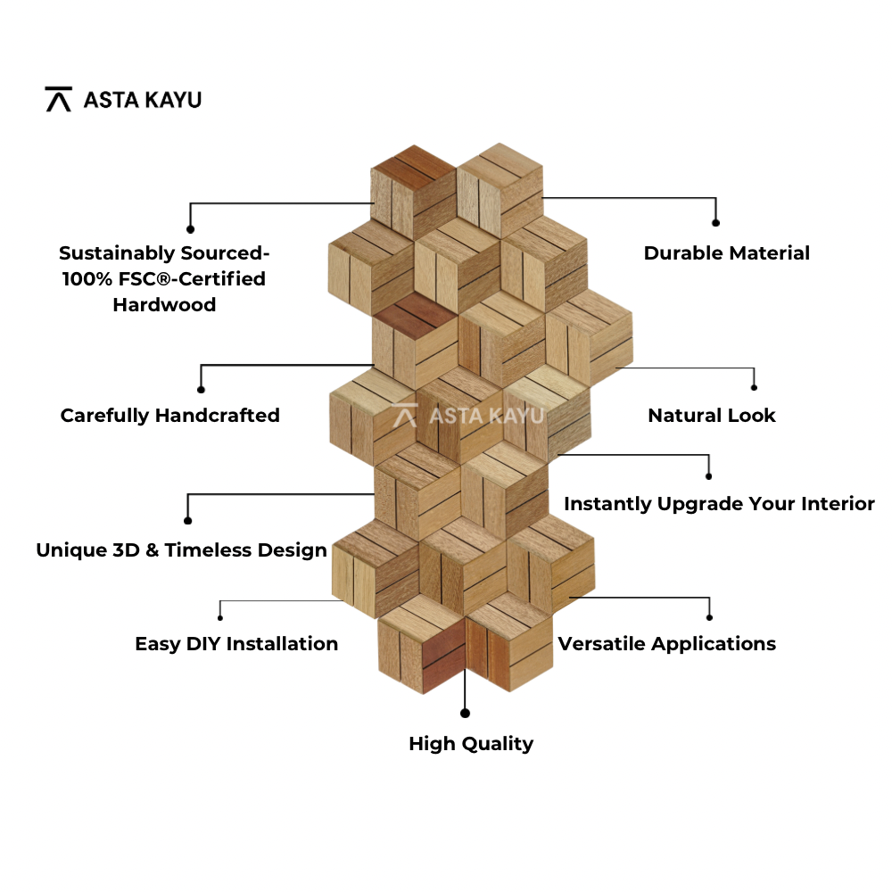 Hexa Kayu 3D-Holzwandpaneele – FSC® Meranti-Sechseck-Wandverkleidung – Naturholz-Wanddekoration – 18 Paneele (0,5 m²) – 180 × 207,8 mm
