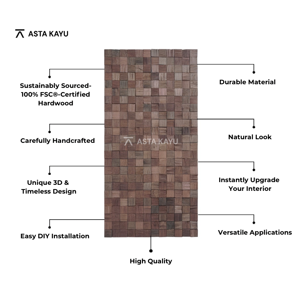 Merapi 3D Holz Wandpaneele – FSC® Meranti Würfel Mosaik Wandverkleidung – Dunkelbraune Naturholz Wanddekoration – 8 Paneele (1,04 m²) – 360 × 360 mm