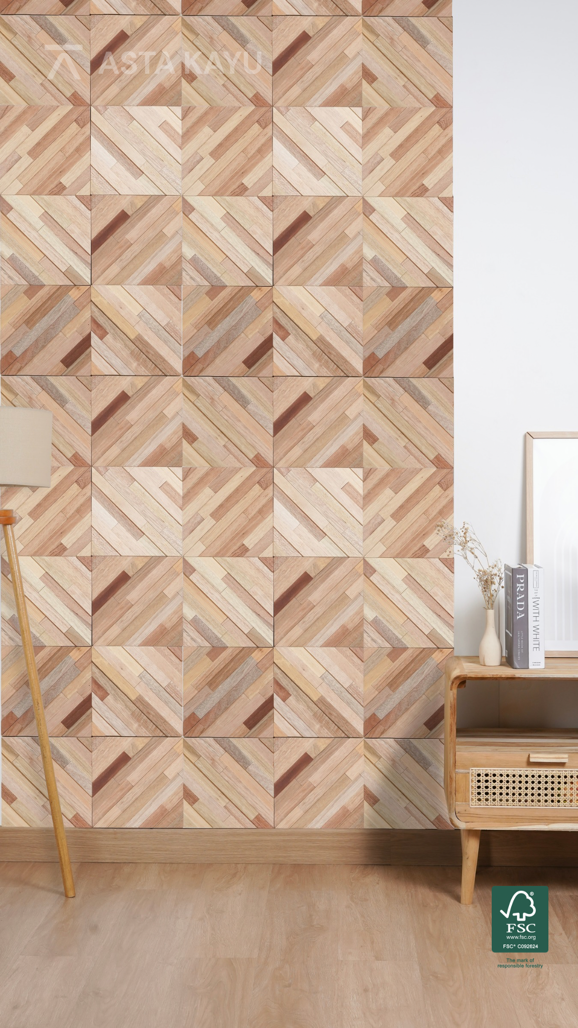 Rhombus Natur 3D Holzpaneele – FSC® Meranti Geometrische Wandverkleidung – Naturholz Wanddekoration – 8 Paneele (0,52 m²) – 254,56 × 254,56 mm